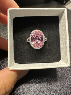 Pink Oval Halo Adjustable Statement Ring Silver Tone Cocktail Ring